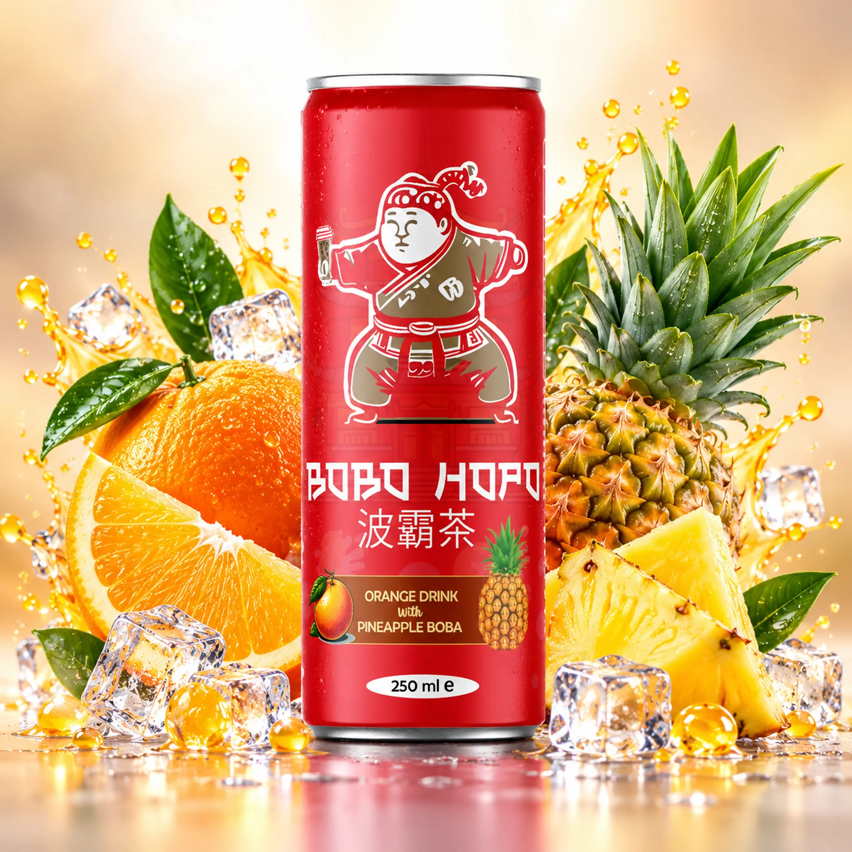 Bobo Hopo 250 ml orange drink with pineapple boba, fresh orange, pineapple, ice cubes and juice splash.